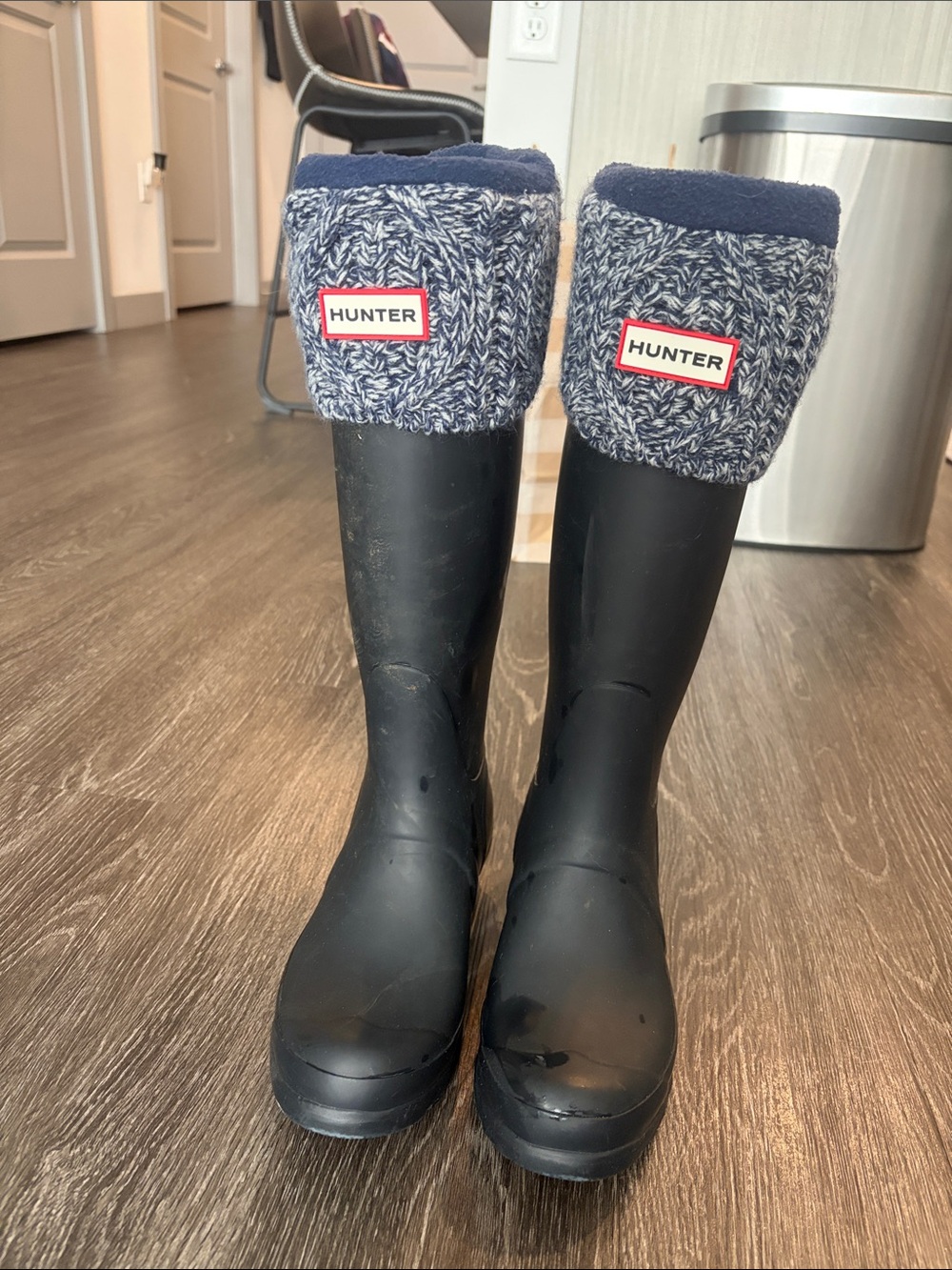 Hunter Black Rain Boots with Navy Knit Cuff
